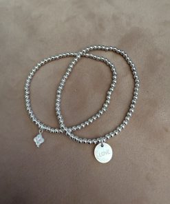 Bracelet élastique perles en argent 3 mm et médaille nacre au choix , trèfle ou médaille 7 Bracelet élastique perles en argent 3 mm et médaille nacre au choix , trèfle ou médaille