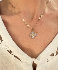 Collier en plaqué or réglable 40/45 cm maille volute et pendentif trèfle fleur en pierre de lune 18mm